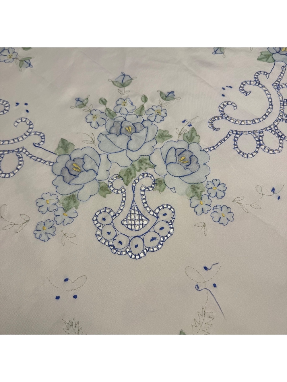 Vintage 68 Inch Round Tablecloth Blue Floral Embroidery Lace Trim - Picture 7 of 9